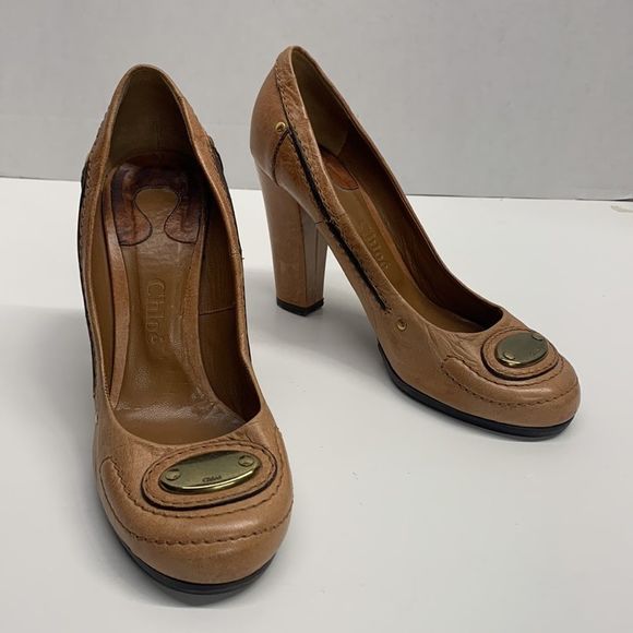 Chloe Shoes - Chloe Tan Leather High Heel Pumps Heels Gold Circle Logo Women's Size 38